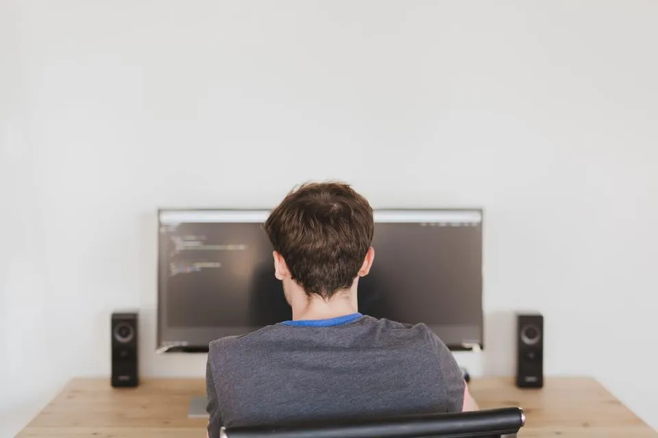 A person seen from behind, sitting at a desk and looking at code on a computer monitor